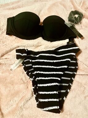 Victoria's Secret Black Strapless Top with Black & White Striped Bikini Bottom